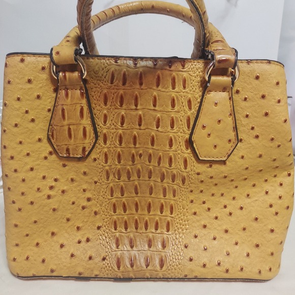 Satchel Purse Faux Crocodile Ostrich Leather Tan Top Handle Stylish Bag Read! - Picture 1 of 9